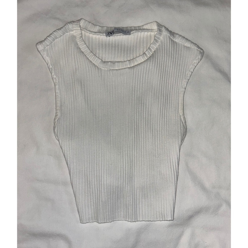 Zara Ribbed Knit Sleeveless Tie Back Crop Top White Size M‎